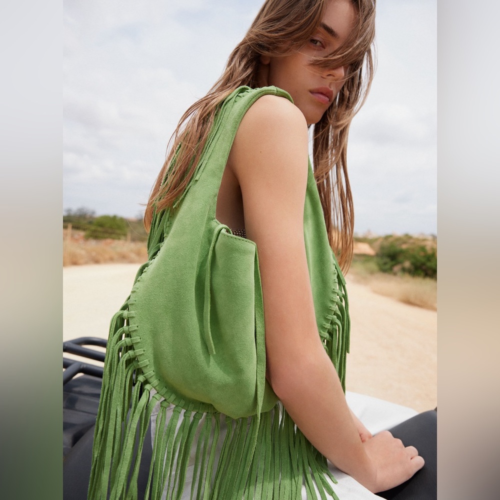 PARFOIS Leather Crossbody Bag with Fringes Green